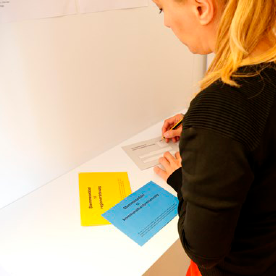 Kvinde med ryggen til, med stemmekortene i en stemmeboks.