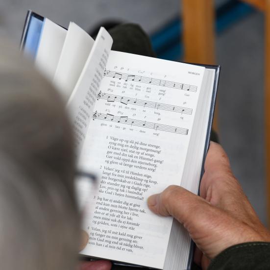 Foto oppefra af en person der har slået op i Højskolesangbogen