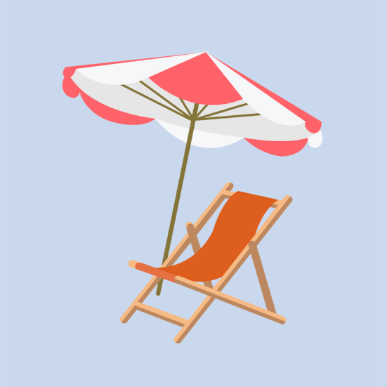 En klassisk liggestol med rød og hvid parasol. blå/violet baggrund. 