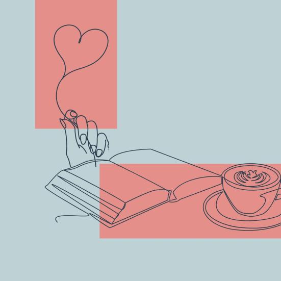 Illustration med en åben bog, kop kaffe og et hjerte der står op af bogen som en ballon