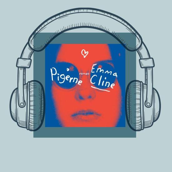 Coveret til ‘Pigerne’ af Emma Cline omgivet af tegnede hovedtelefoner.
