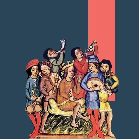 Grafik af en gruppe der spiller og synger folkeviser i middelalderen