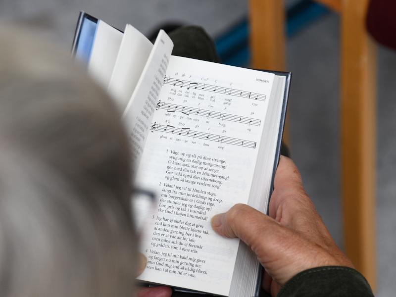 Foto oppefra af en person der har slået op i Højskolesangbogen