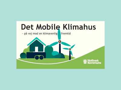 Grafik af mobilt klimahus med vindmøller ved siden af. 