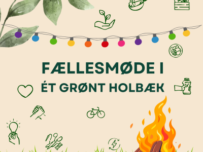 Grafik med græs i bunden, en gren med blade i øverste højre hjørne og en masse ikoner der symboliserer grøn omstilling. Så er der bålgrafik nederst til højre og en farvet lyskæde henover hele grafikken lige over midten.