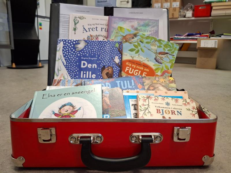 Foto af en åben kuffert fyldt med børnebøger.
