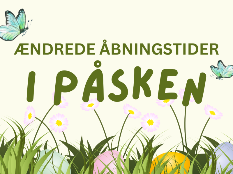grafik der siger ændrede åbningstider i påsken. Under der der æg i forskellige farver og påskekyllinger i græs.