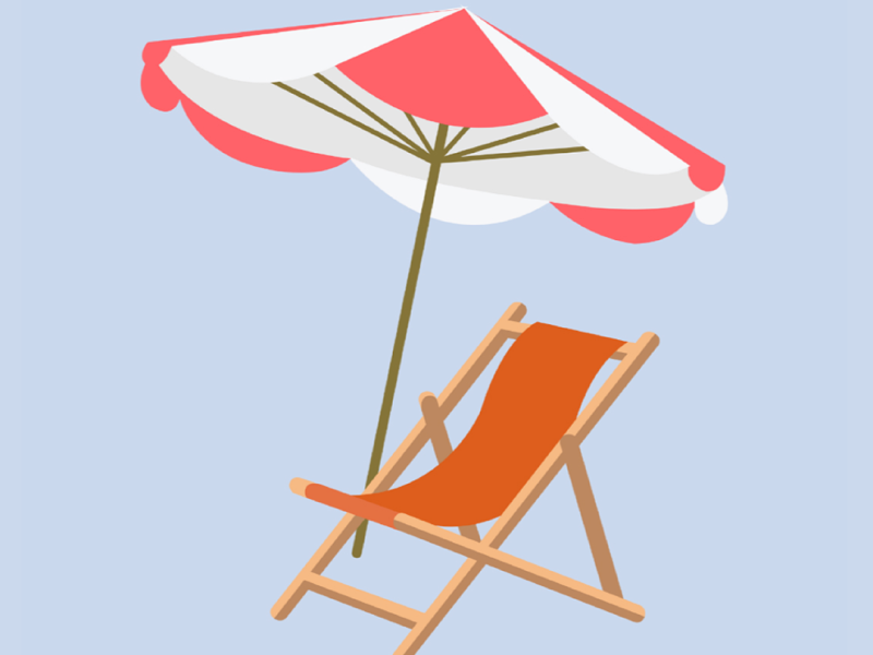 En klassisk liggestol med rød og hvid parasol. blå/violet baggrund. 