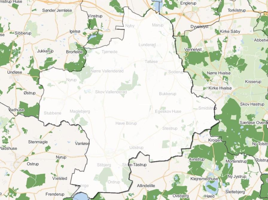 Kort, der viser omridset af Tølløse Kommune før 2007