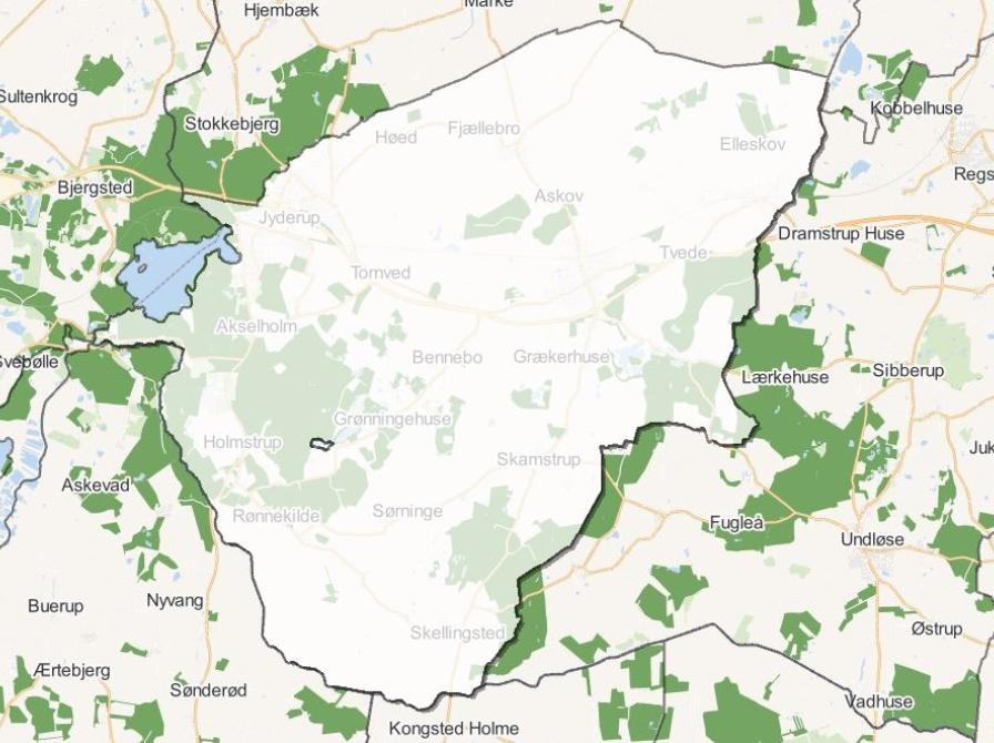 Kort, der viser omridset af Tornved Kommune før 2007