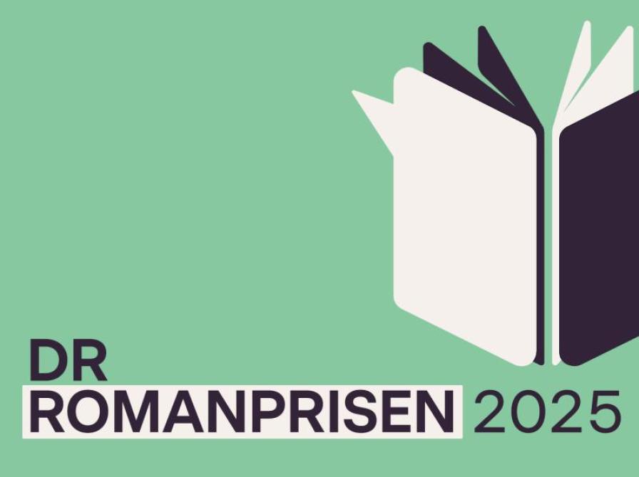 Tekst DR Romanprisen 2025 + grafisk billede af en bog