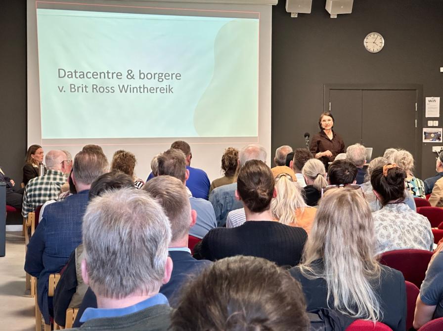 Foto fra borgermøde af en forsamling mennesker bagfra der kigger op på en lærred.