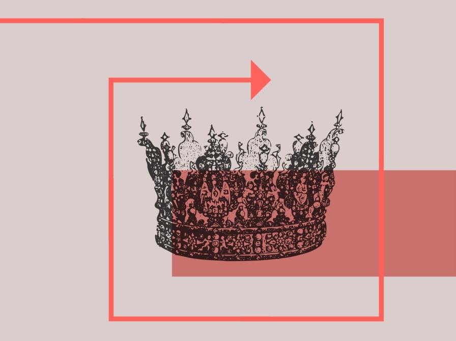 Dekorativ krone i grafisk design med røde linjer og farveblokke.