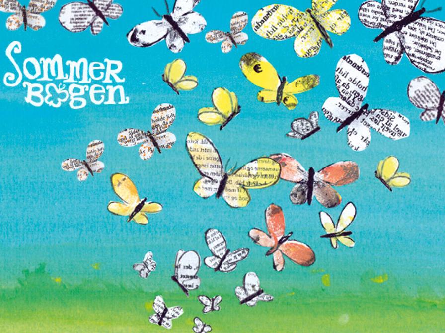 Illustration med papirklip-butterflies af bogsider, der flyver over en blå himmel og grøn mark – med teksten ‘Sommerbogen’.